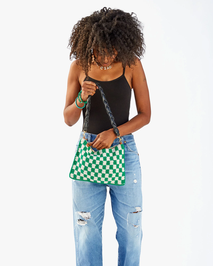 Clare V. - Flat Clutch w/tabs in Sea Green & Cream Mini Crochet Checker