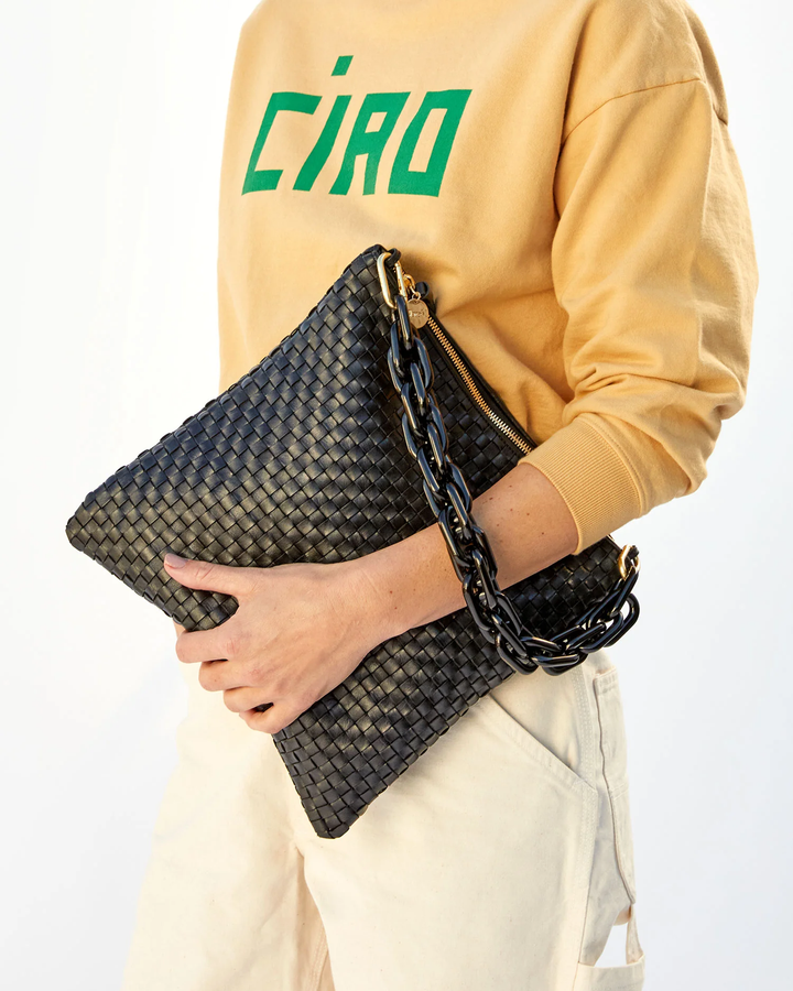 Clare V - Foldover Clutch w/ Tabs in Black Woven Checker