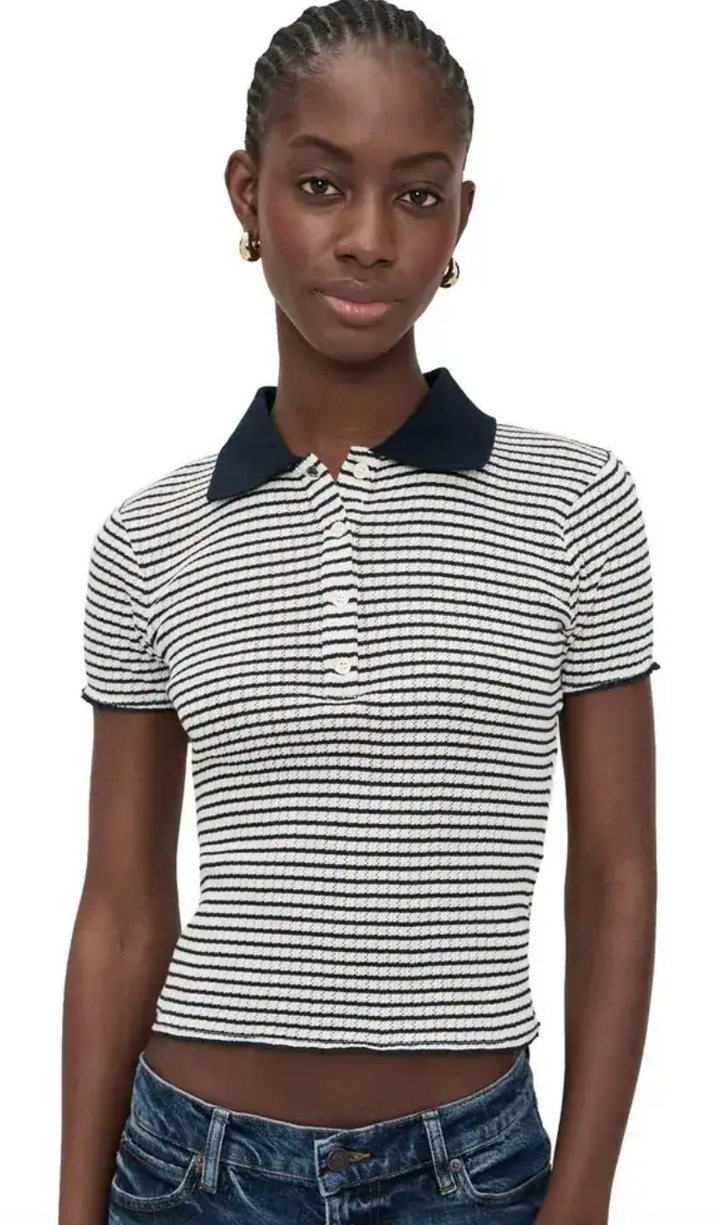 FRAME - The Pointelle Polo in Navy Stripes Tops