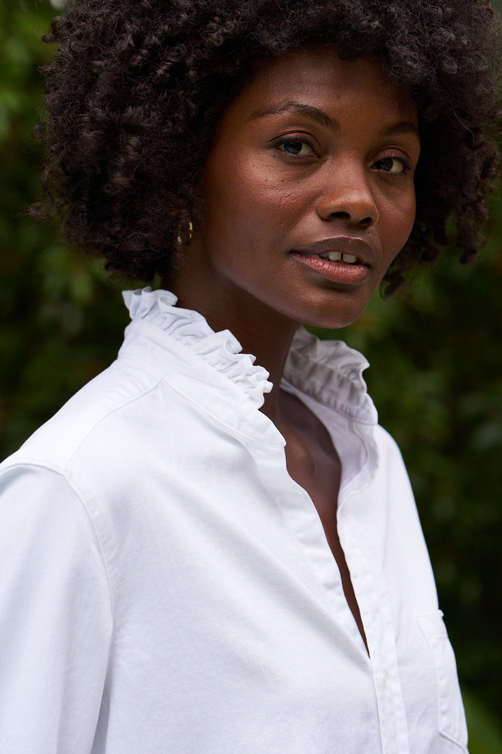 Frank & Eileen - Eileen Ruffle Relaxed Button Up Shirt in White Italian Color Denim Button Up Shirt