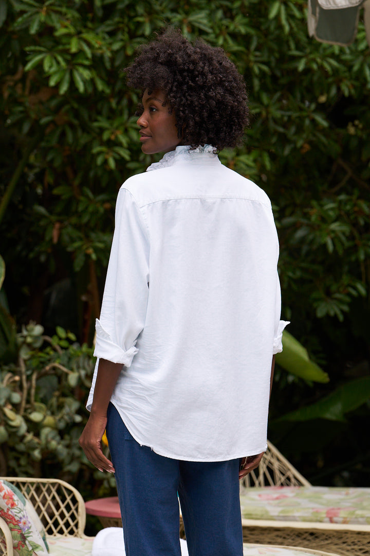 Frank & Eileen - Eileen Ruffle Relaxed Button Up Shirt in White Italian Color Denim Button Up Shirt