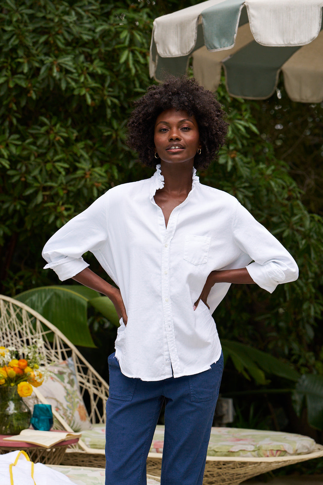 Frank & Eileen - Eileen Ruffle Relaxed Button Up Shirt in White Italian Color Denim Button Up Shirt