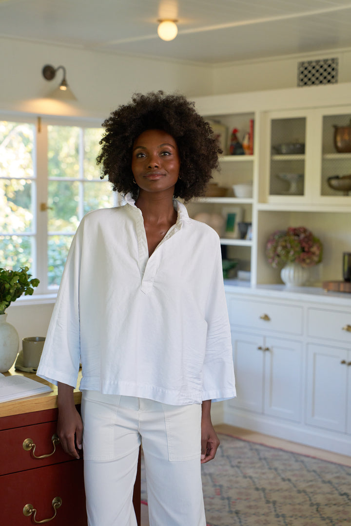 Frank & Eileen - Gabi Popover Shirt in White Italian Color Denim Tops