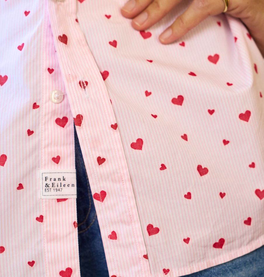 Frank & Eileen - Silvio Untuckable Button Up Shirt in Pink Stripe Hearts Tops