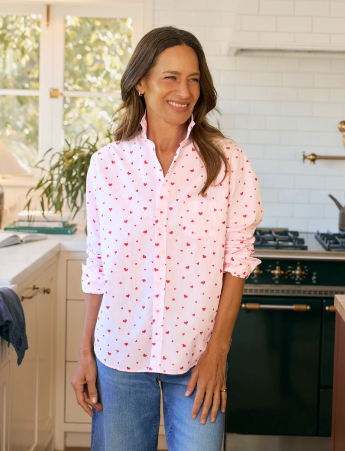 Frank & Eileen - Silvio Untuckable Button Up Shirt in Pink Stripe Hearts Tops