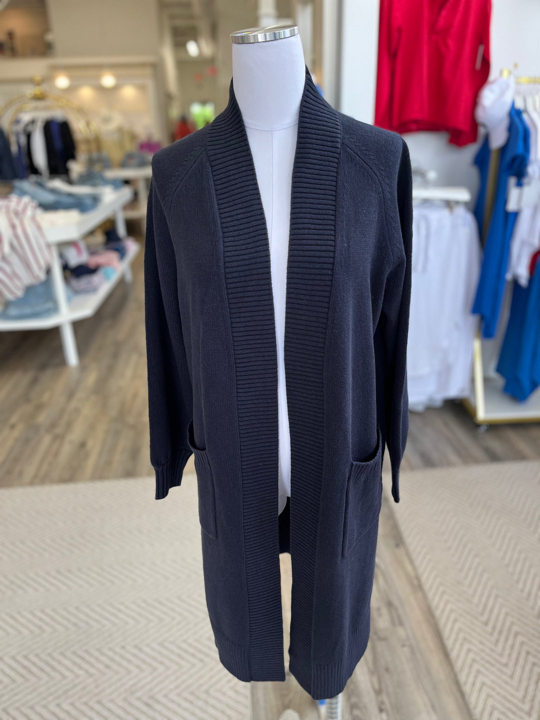 White + Warren - Cotton Linen Chainette Rib Trim Cardigan in North Sea