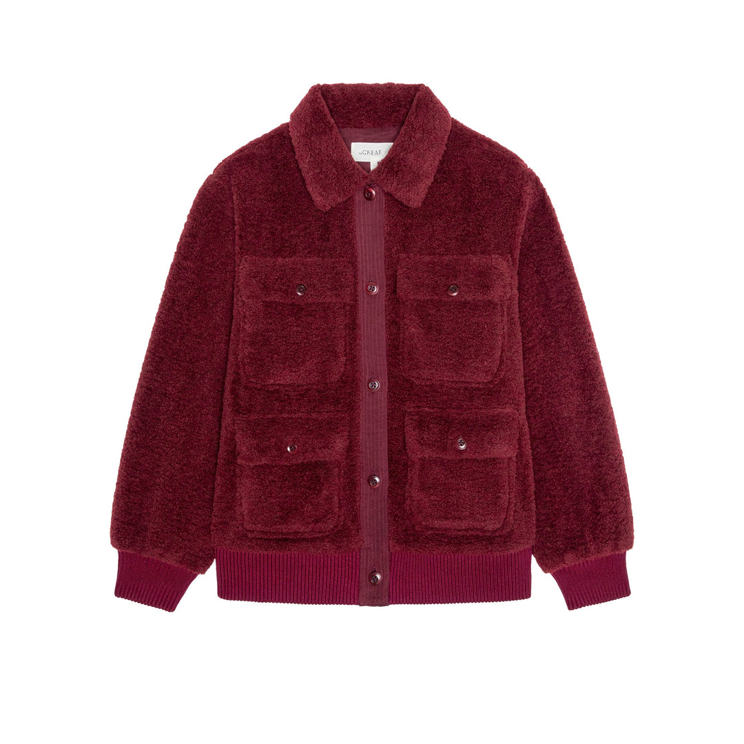 THE GREAT - The Patch Pocket Plush Jacket in Maroon