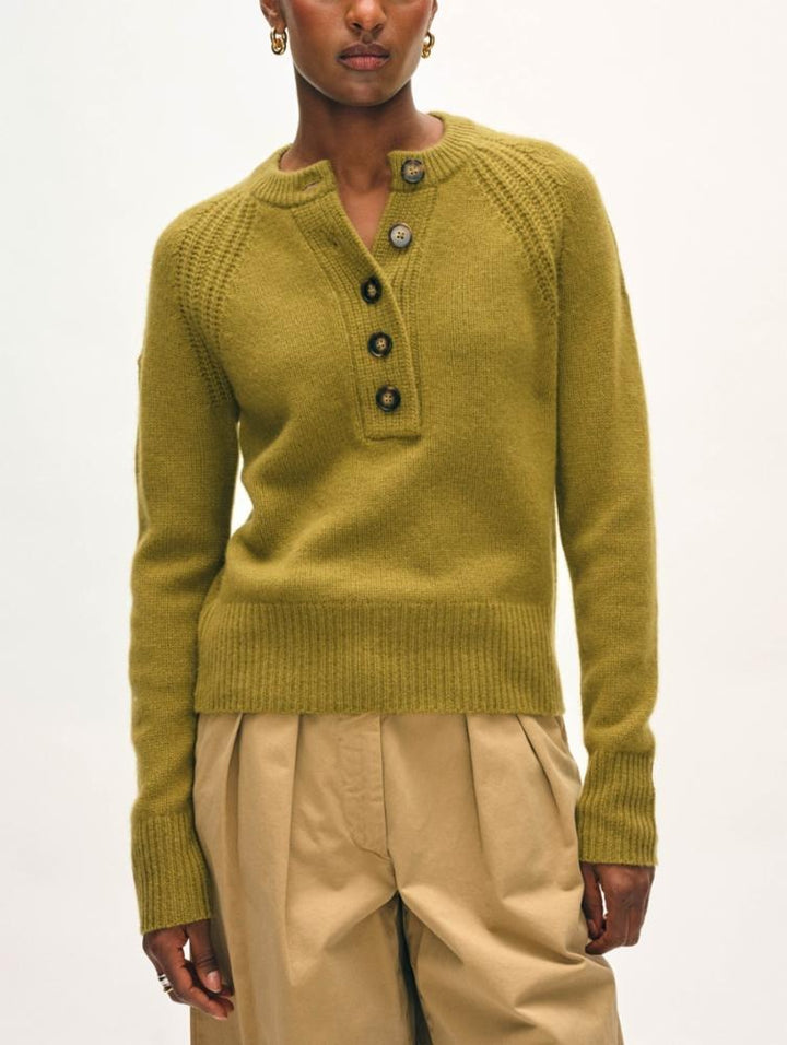 White + Warren - Cashmere Luxe Henley in Bright Olive