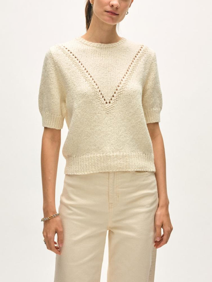 White & Warren - Cotton Boucle Pointelle Crewneck in Ivory