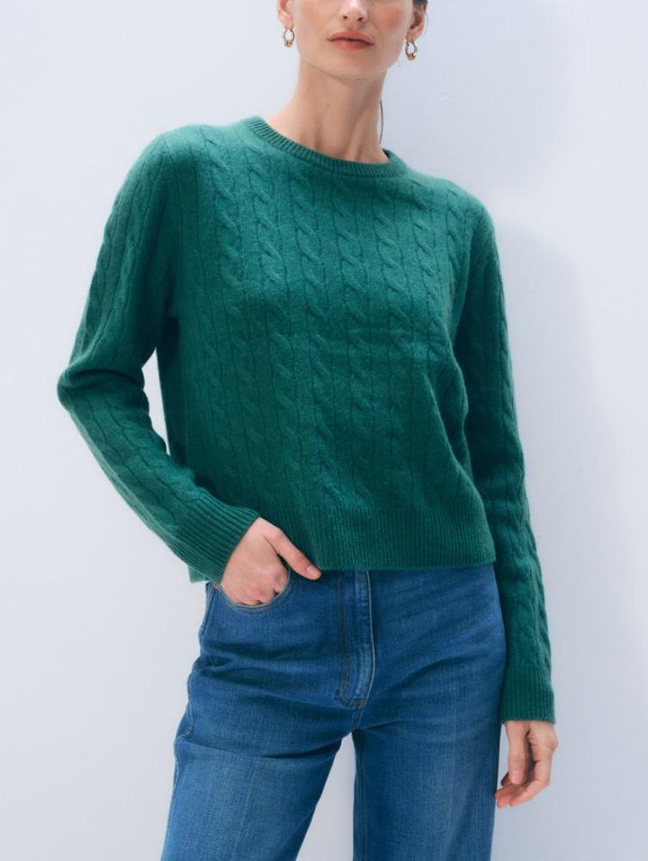 WHITE & WARREN - Cashmere Varsity Cable Crewneck in Ivy Green