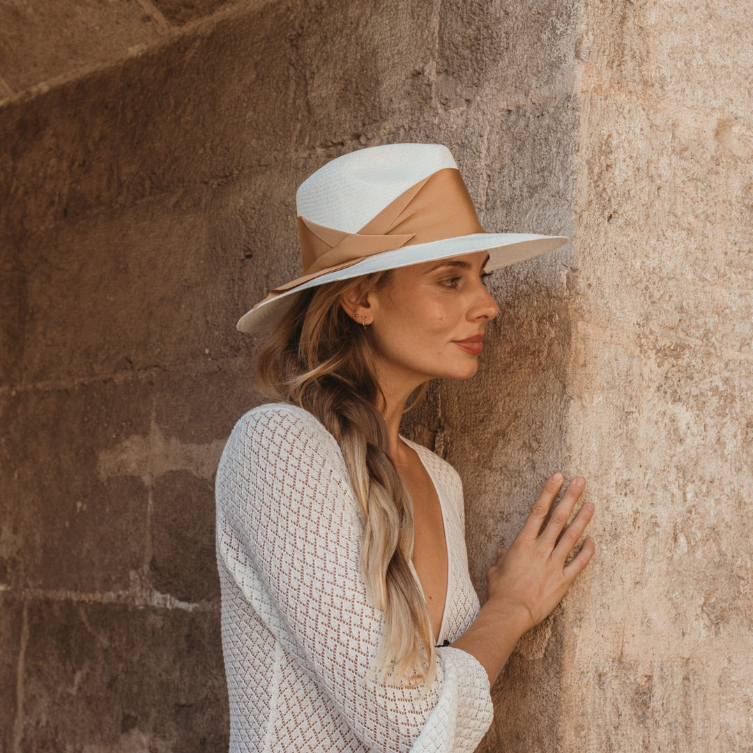 Freya - Gardenia Hat in White/Tan Hats