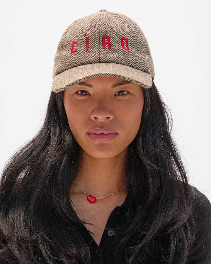 Clare V. - Wool Baseball Hat in Herringbone Taupe Hats