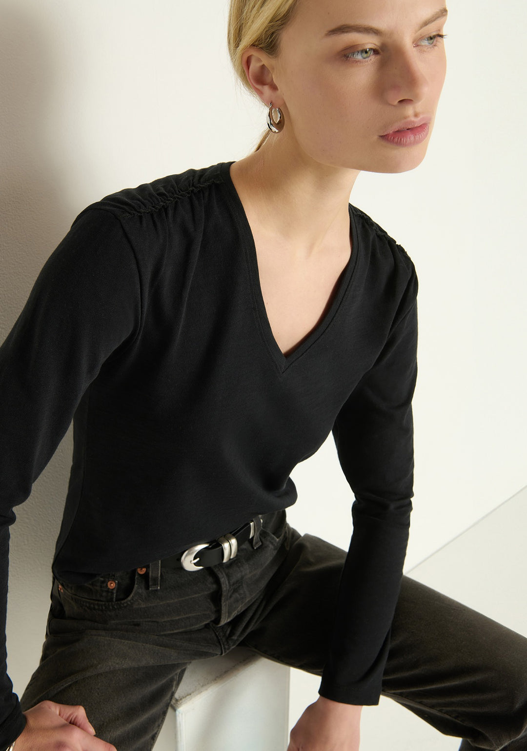 NATION LTD - Remi V-Neck Top in Jet Black