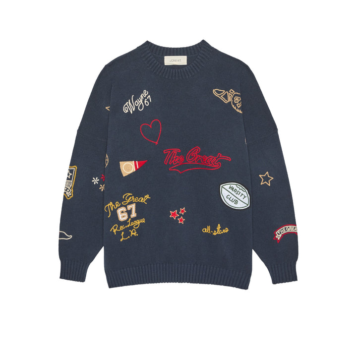 THE GREAT - The Embroidered Oversize Crew Pullover in Navy