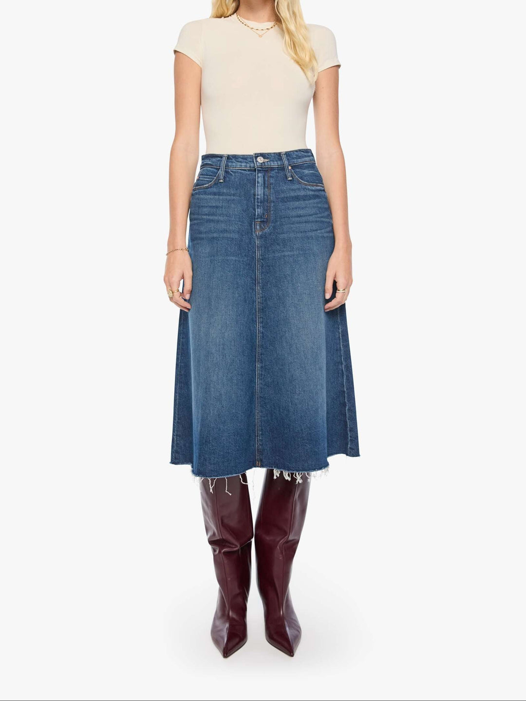 MOTHER - The Circle Midi Fray Skirt in Buckaroo