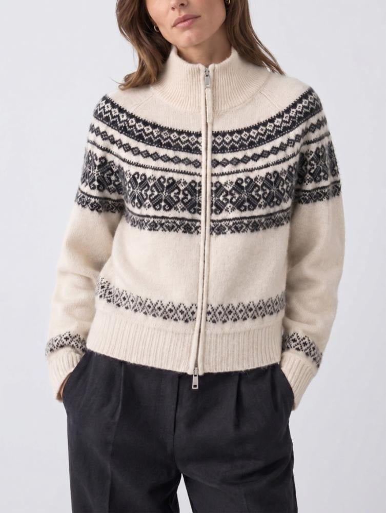 WHITE & WARREN - Brushed Blend Fairisle Zip Cardigan in Ivory