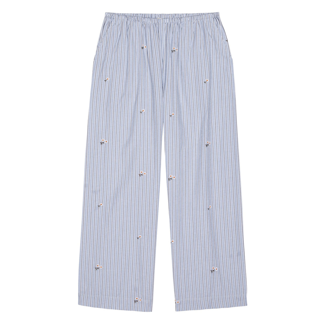 THE GREAT - The Everyday Pant with Baby Dairy Embroidery in Cornflower Stripe