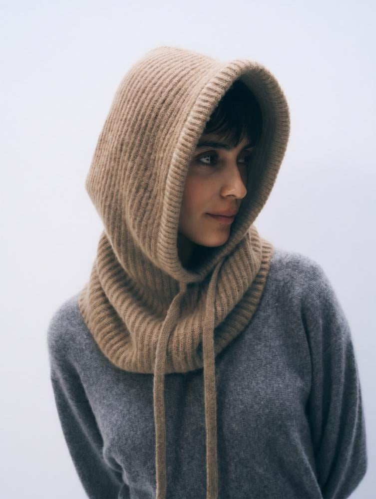 WHITE & WARREN - Cashmere Ribbed Balaclava in Taupe Heather