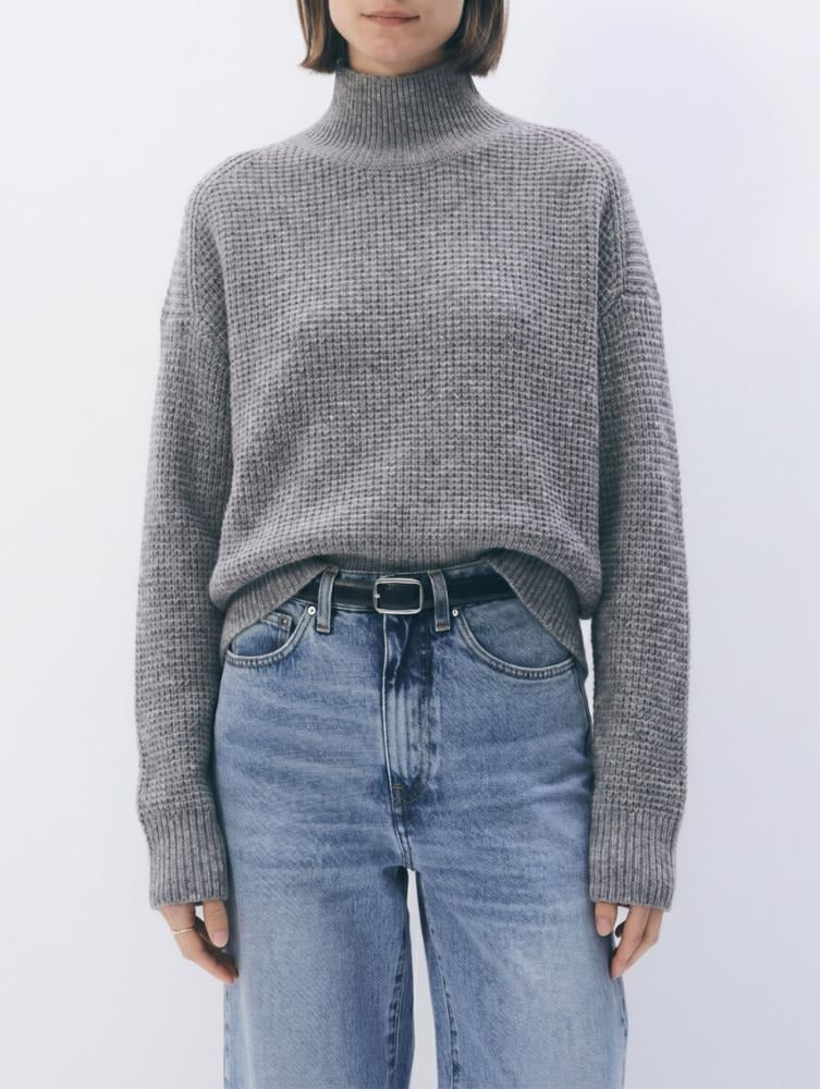 WHITE & WARREN - Cashmere Waffle Standneck in Grey Heather