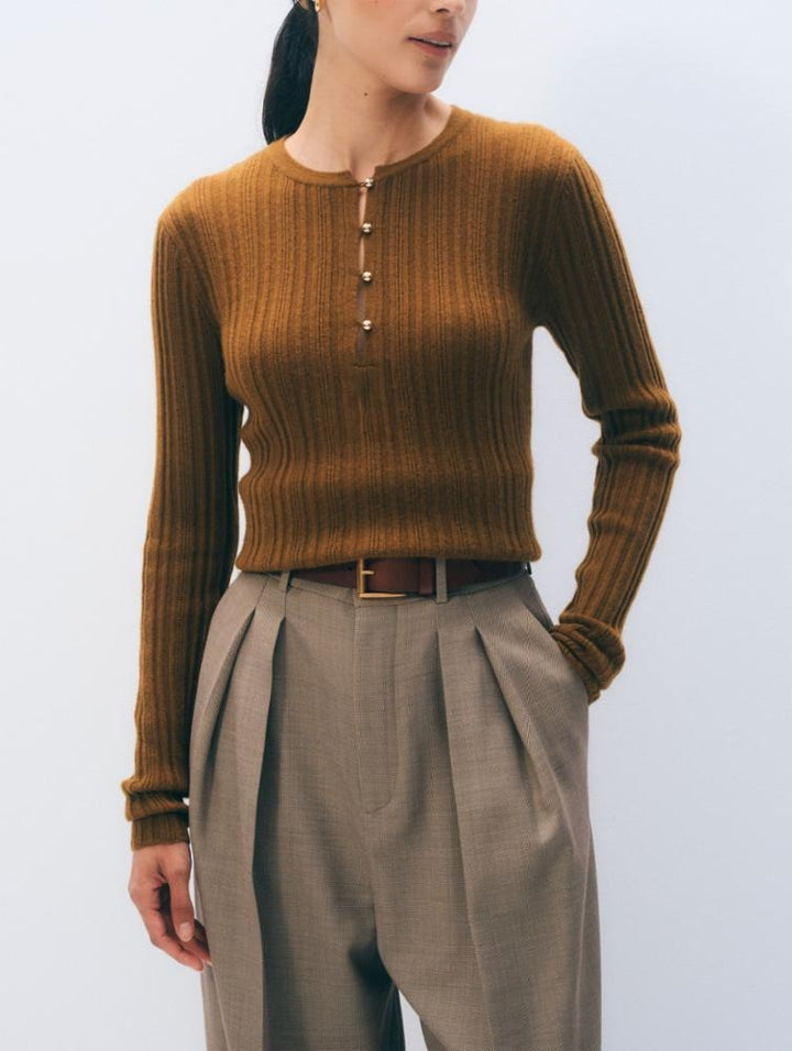 WHITE & WARREN - Cashmere Ribbed Henley in Antique Gold