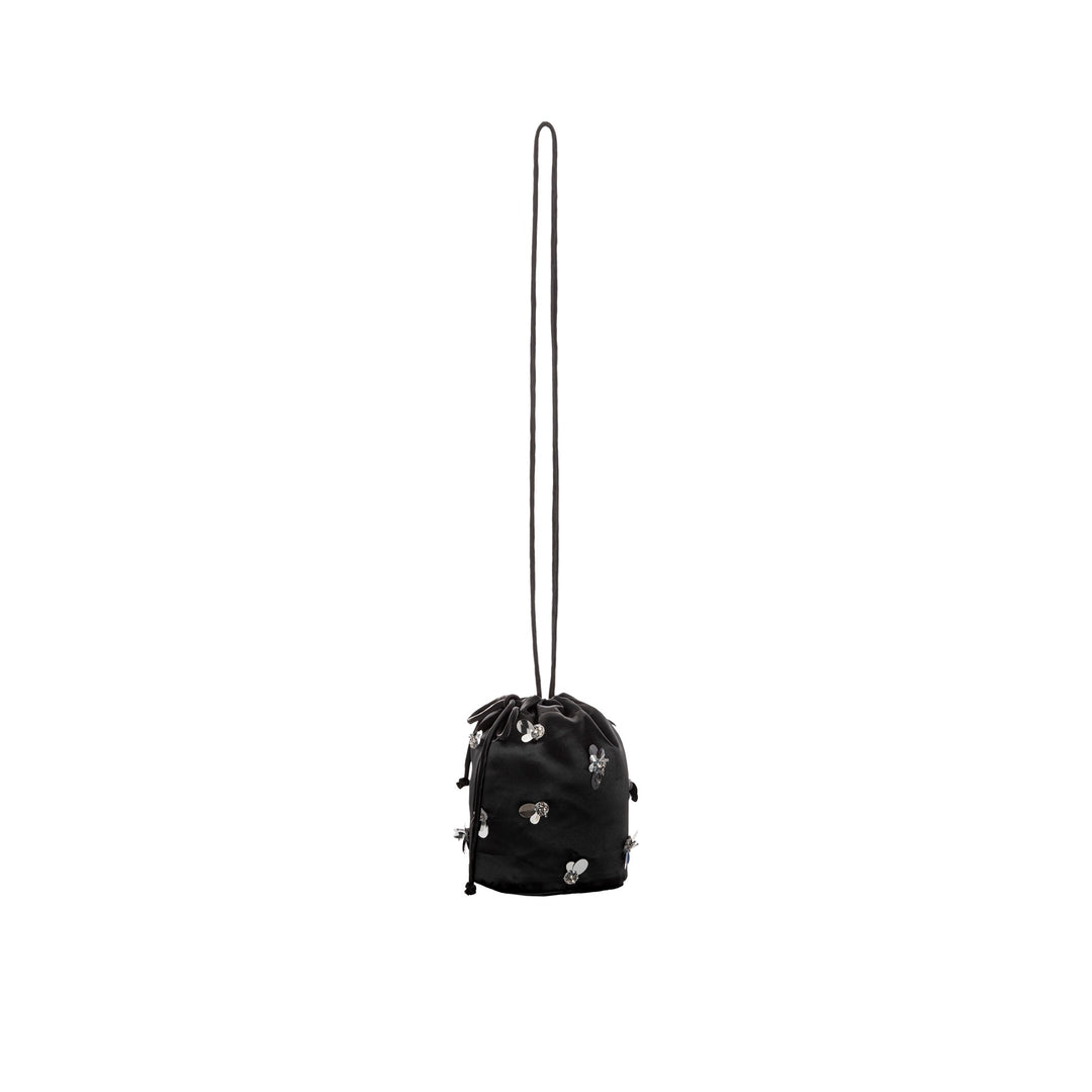 THE GREAT - The Cinched Paillette Bucket Bag in Black