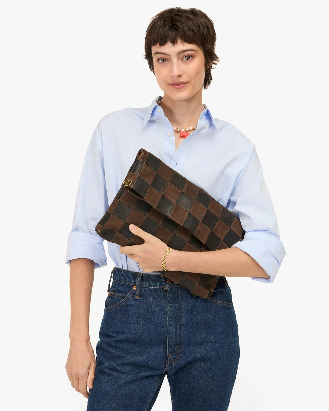 Clare V. - Carry All Clutch with Tabs in Black/Chocolate Checker