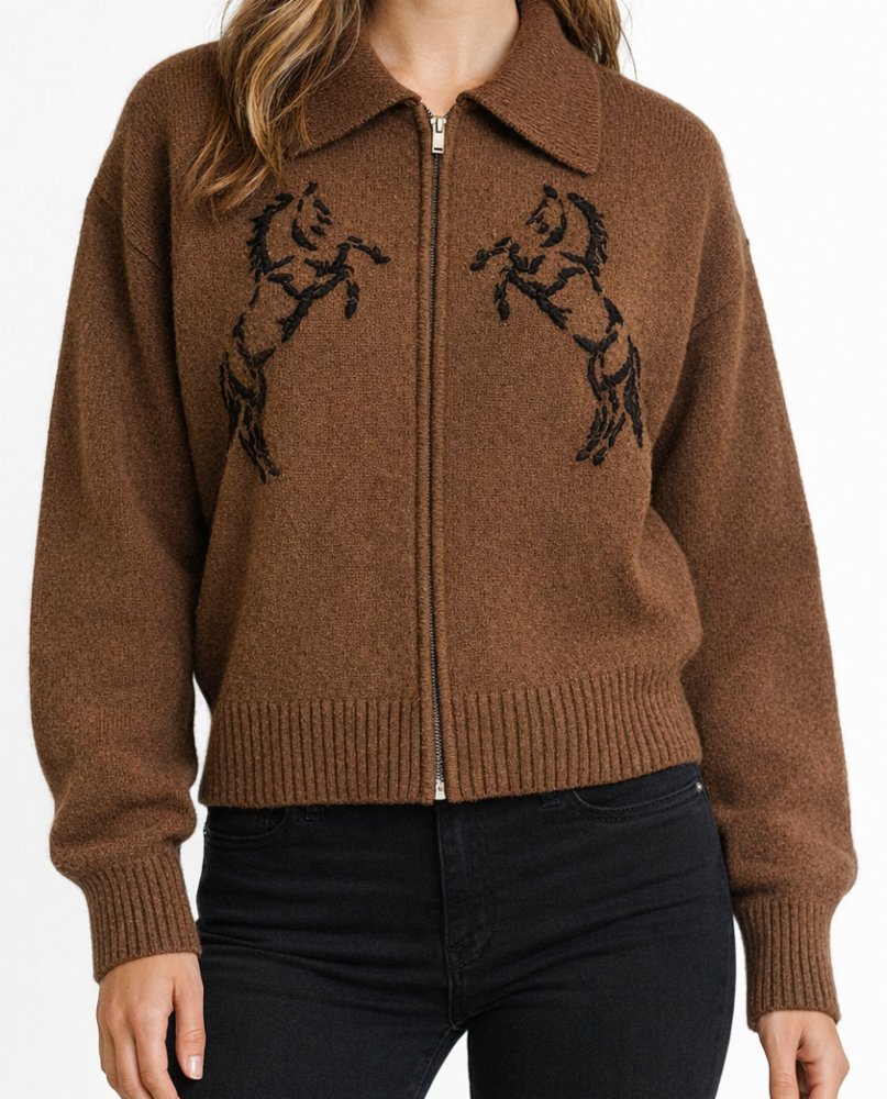 WHITE & WAREN - Cashmere Blend Horse Embroidered Bomber in Umber