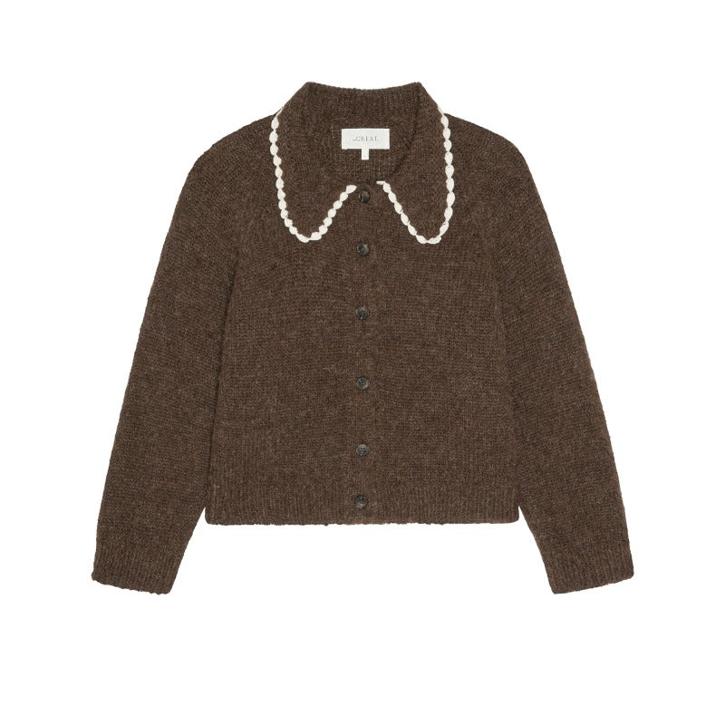 THE GREAT - The Crochet Collar Cardigan in Chocolate Brown