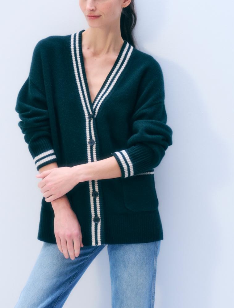 WHITE & WARREN - Cashmere Varsity Cardigan in Dark Emerald