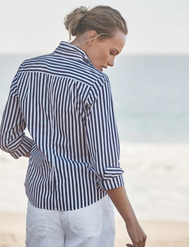 FRANK & EILEEN - Barry Tailored Button Up Shirt in Navy White Stripe Top
