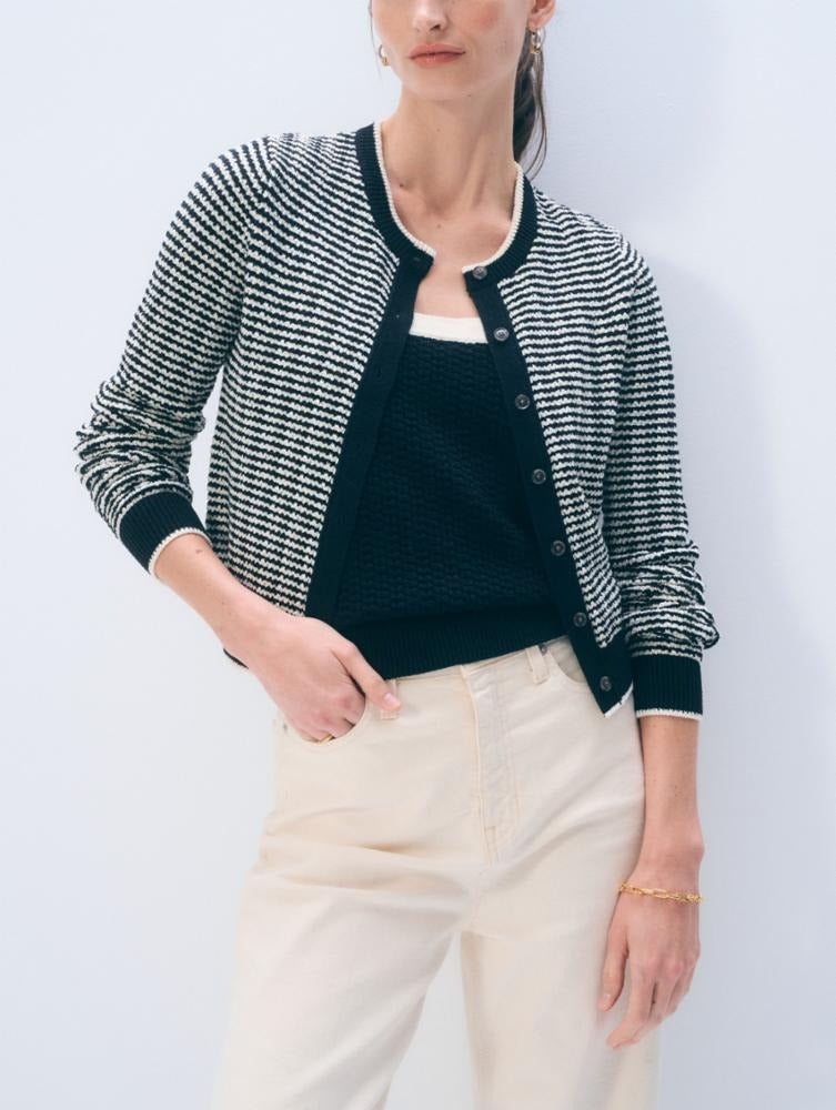 WHITE & WARREN - Boucle Cardigan in Ivy Green and Ivory