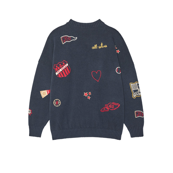 THE GREAT - The Embroidered Oversize Crew Pullover in Navy