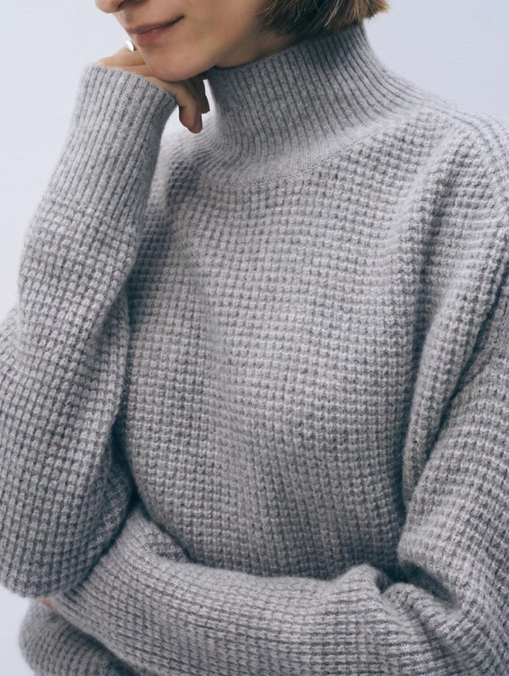 WHITE & WARREN - Cashmere Waffle Standneck in Grey Heather