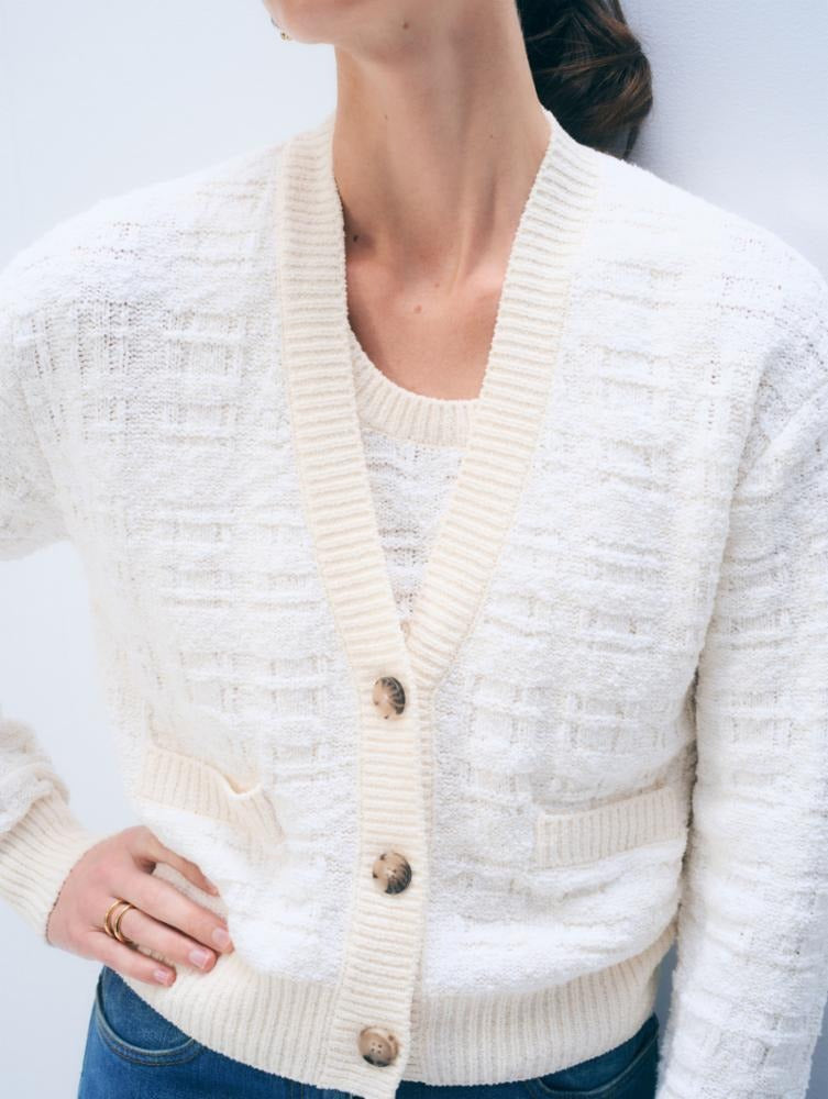 WHITE & WARREN - Textured Boucle Cardigan in Ivory