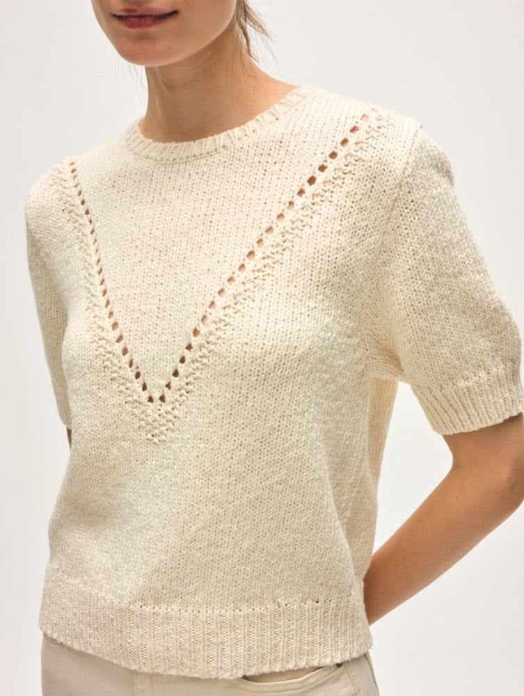 White & Warren - Cotton Boucle Pointelle Crewneck in Ivory