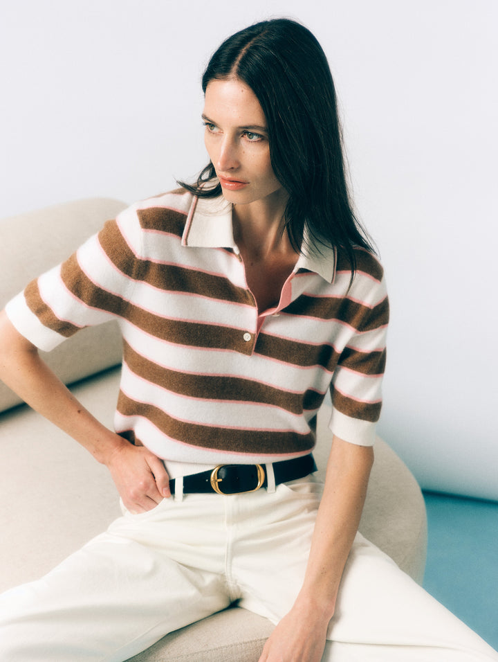 WHITE & WARREN - Cashmere Striped Polo in Biscuit Heather