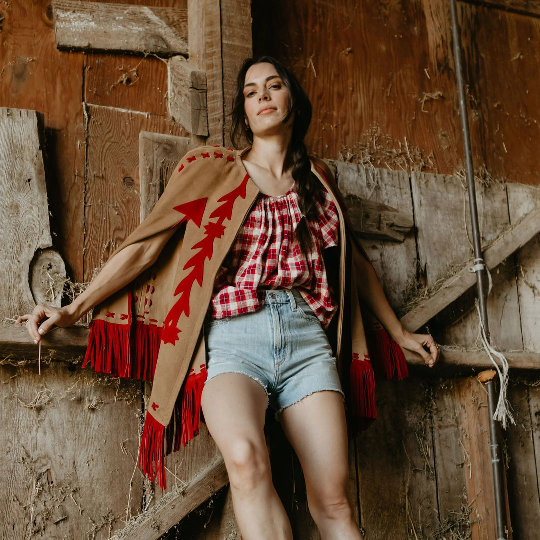 WESTERN &  CO. - Babe Suede Cape in Carmel & Red