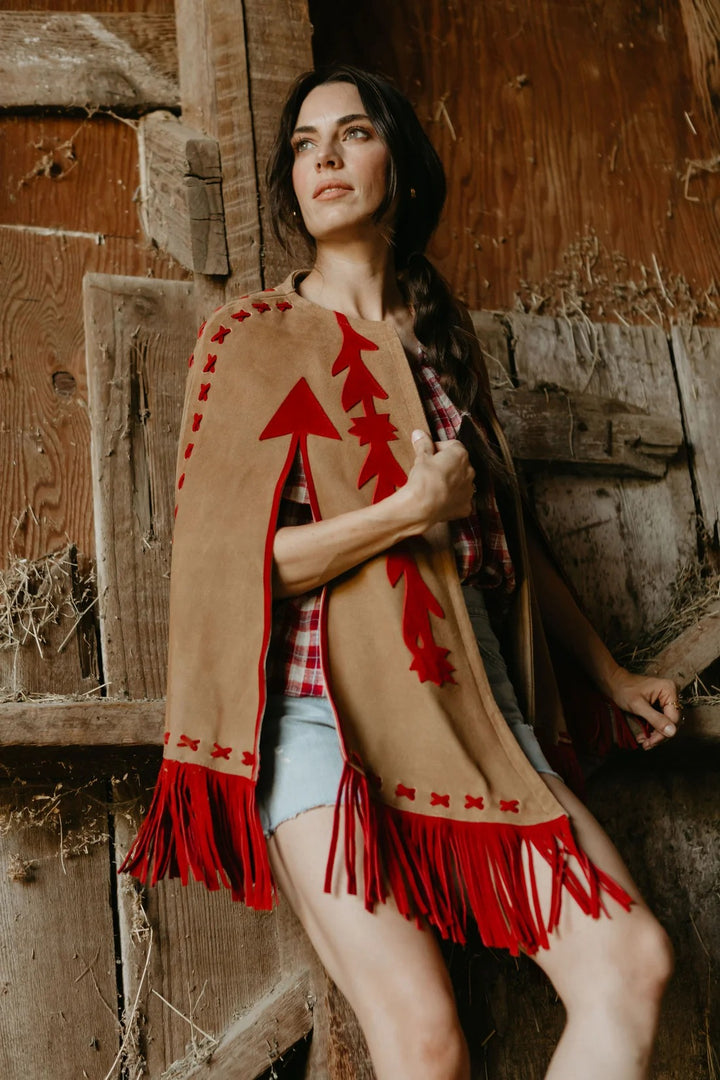 WESTERN &  CO. - Babe Suede Cape in Carmel & Red