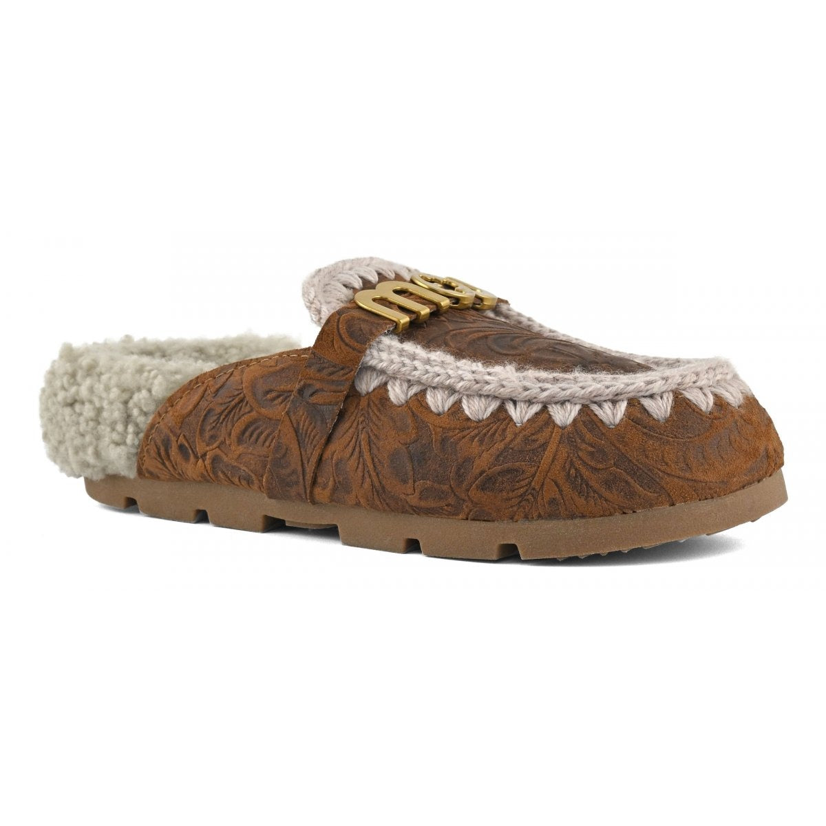 Mou - Winter Bio Slide Italian Leather in Embossed Leather Cognac
