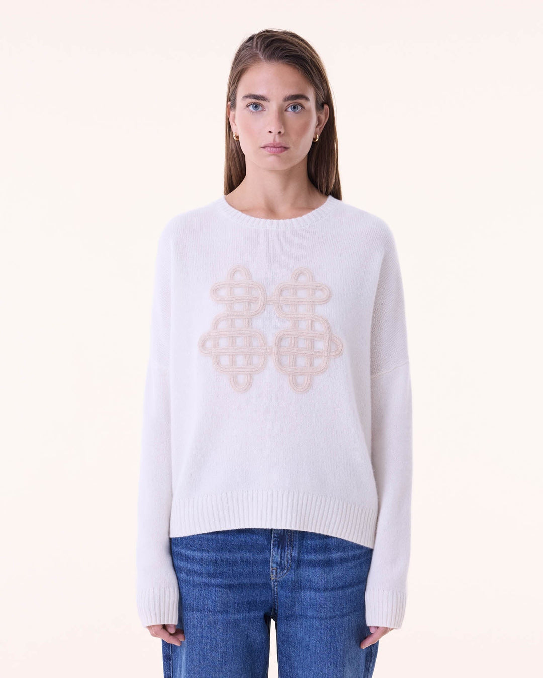 Kujten - Amelie Symbol Round Neck Cashmere Sweater in Organic Beige