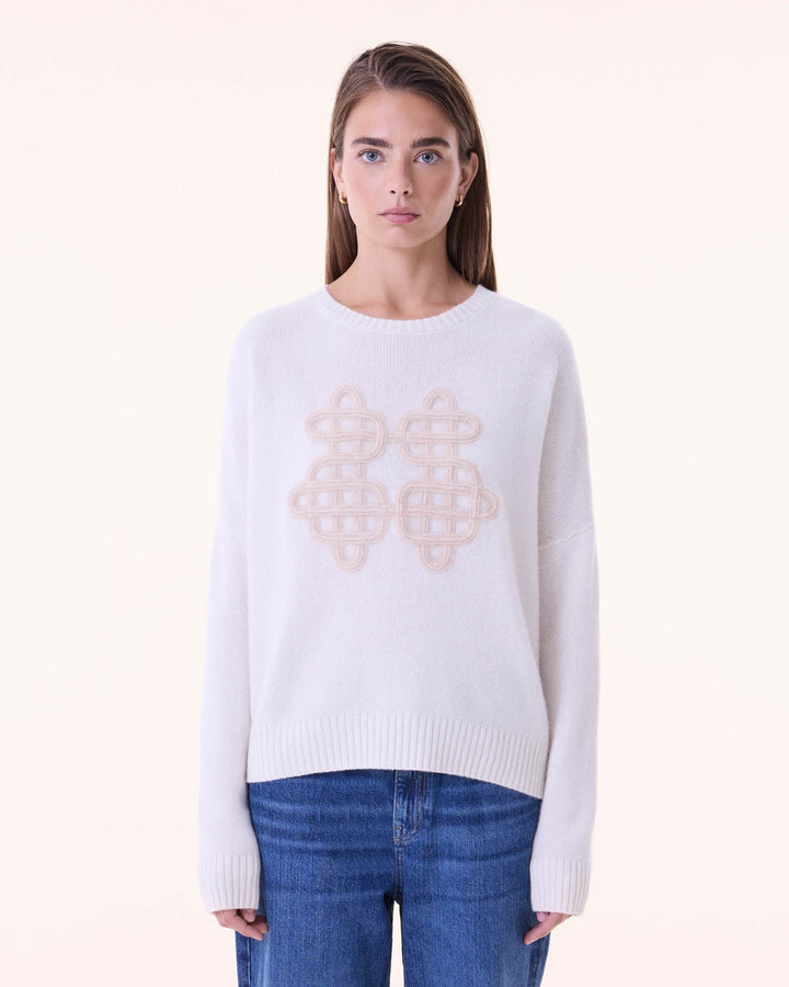 Kujten - Amelie Symbol Round Neck Cashmere Sweater in Organic Beige