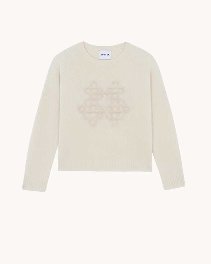 Kujten - Amelie Symbol Round Neck Cashmere Sweater in Organic Beige