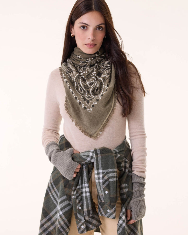 KUJTEN - Hachiko Bico Large Cashmere Bandana Scarf in Marl Khaki