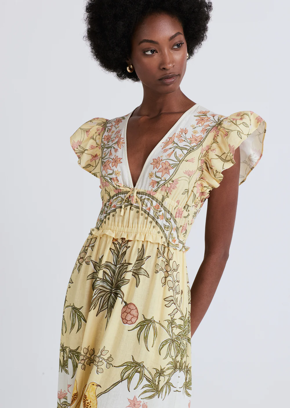 Derek Lam 10 Crosby - Isadora V-Neck Ruffle Dress in Pale Yellow Multi