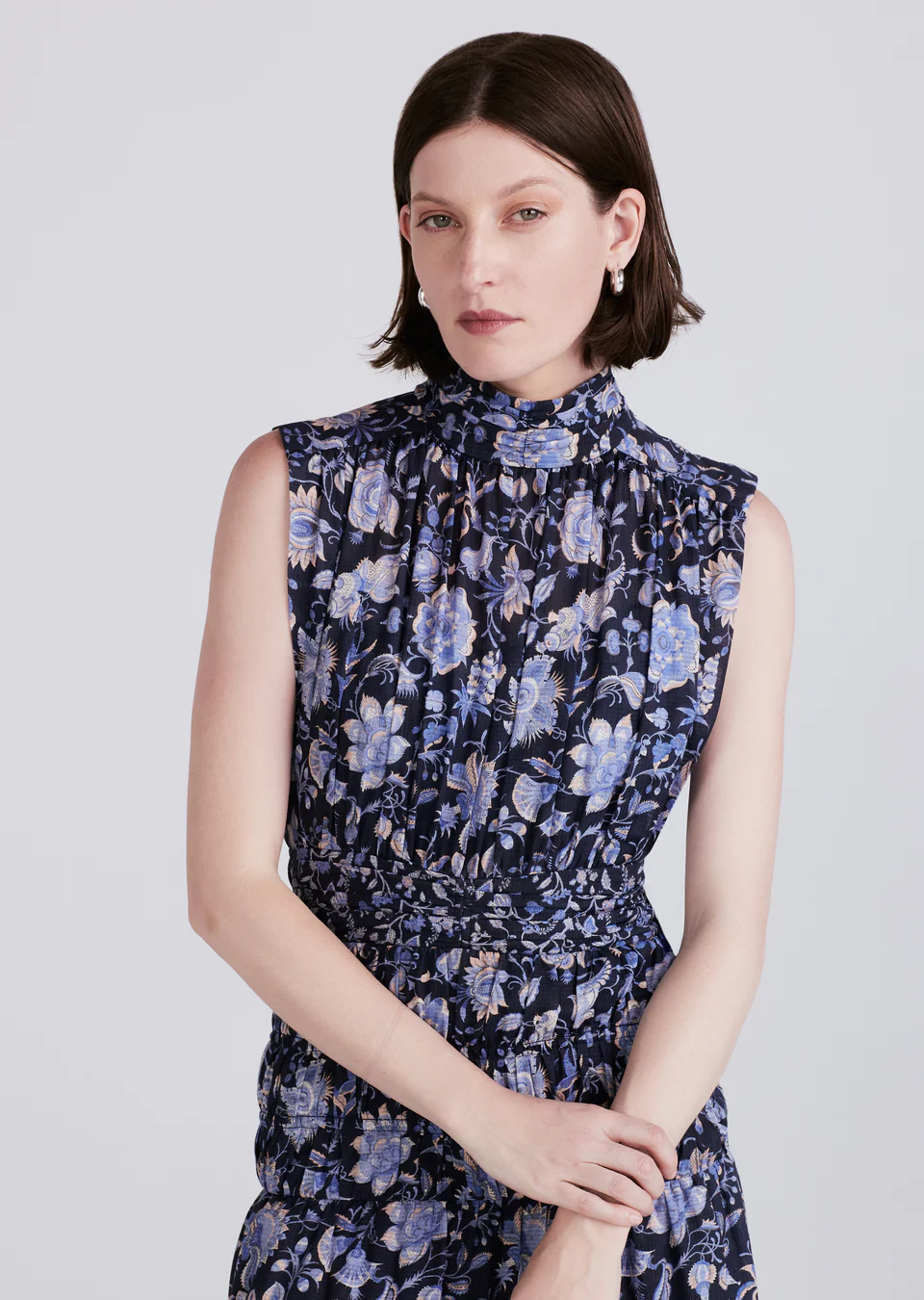 Derek Lam 10 Crosby - Junia Rouched Sleeveless Midi Dress in Navy Multi