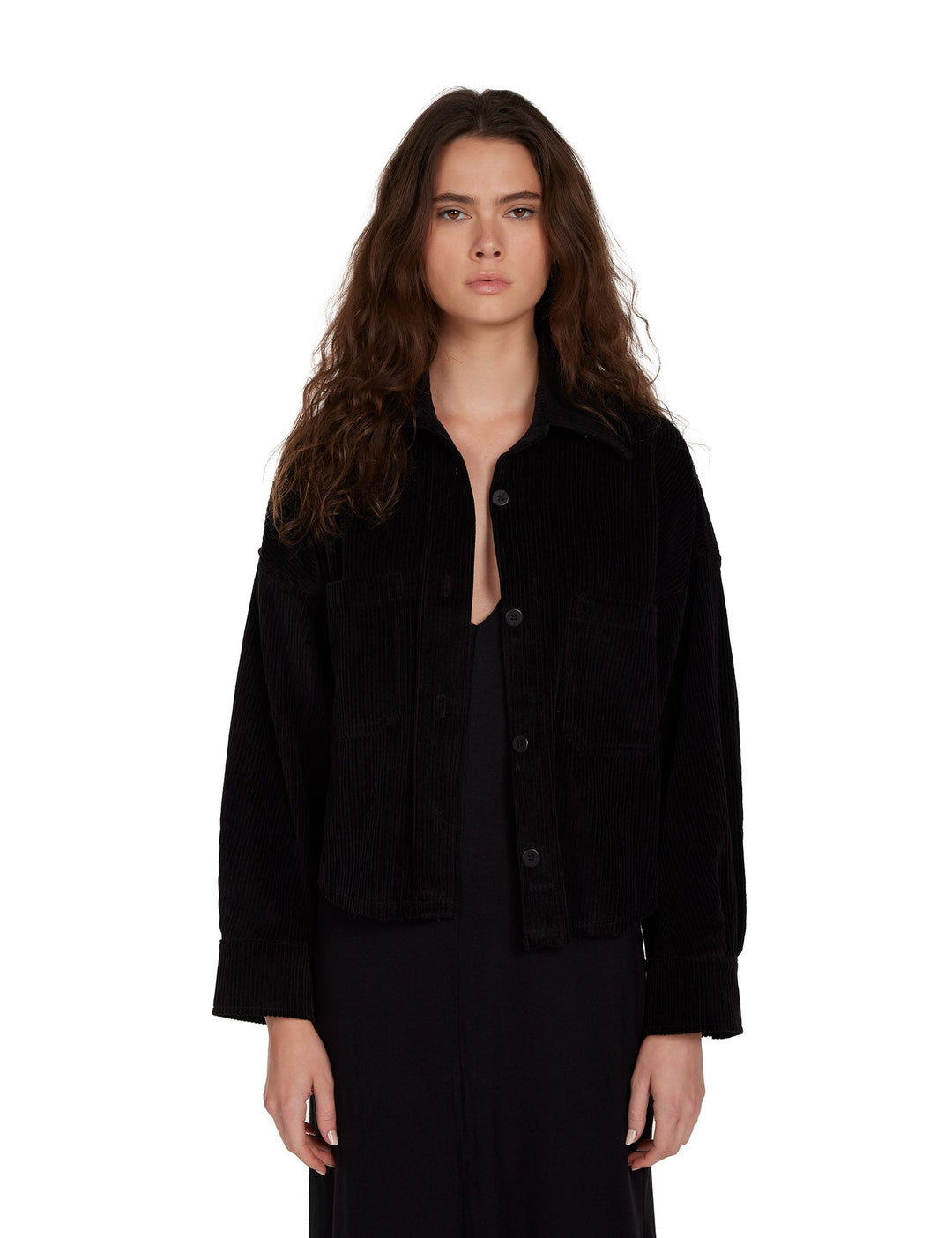 LES TIEN - Coopa Oversized Crop Button Up in Jet Black Tops