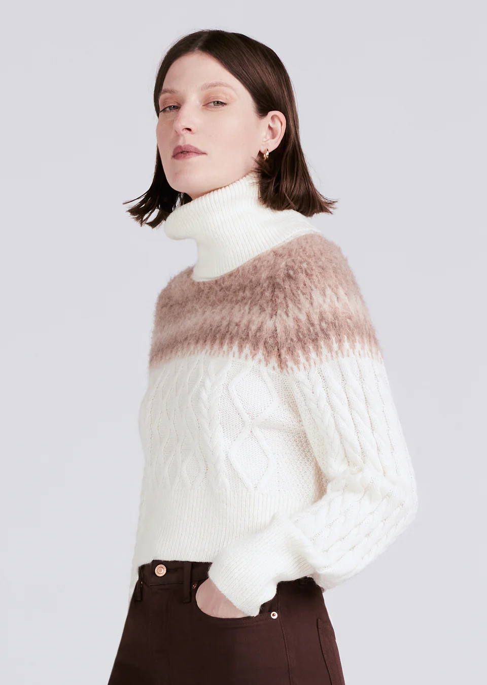 Derek Lam 10 Crosby - Marcella Cable Knit and Fair Isle Turtleneck in Ivory