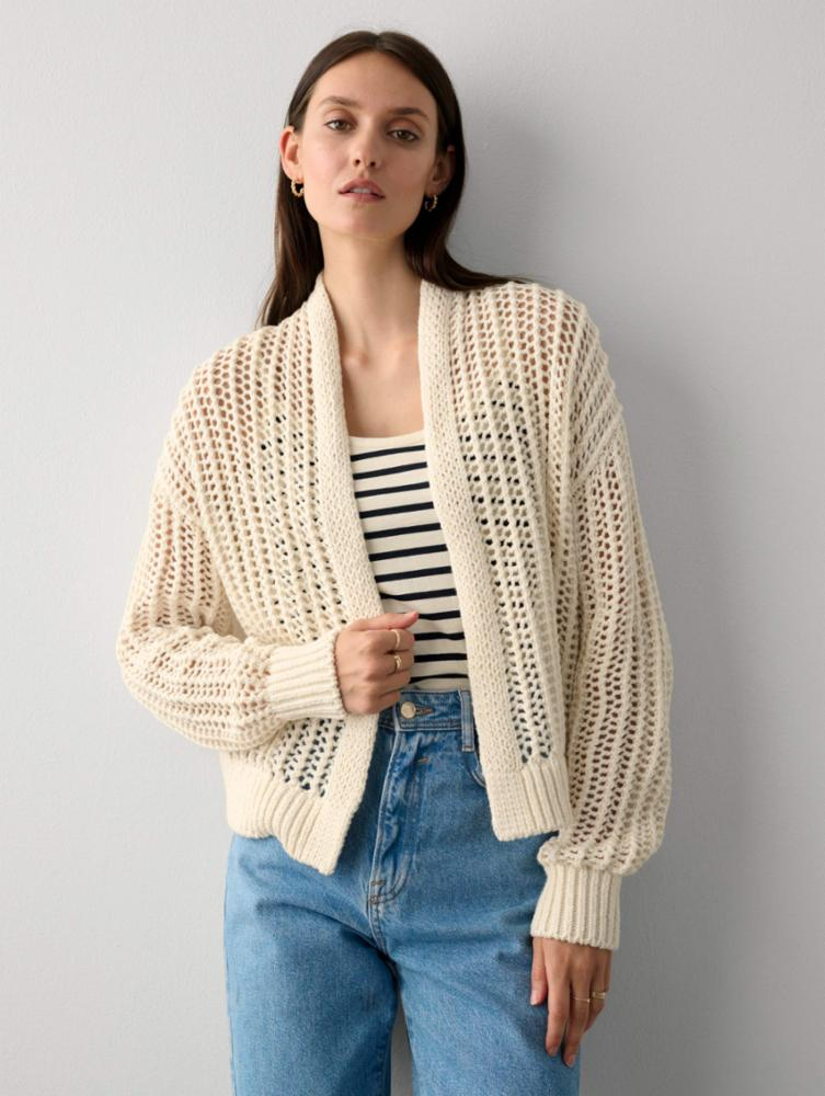 White + Warren - Organic Cotton Open Mesh Cardigan in Ivory