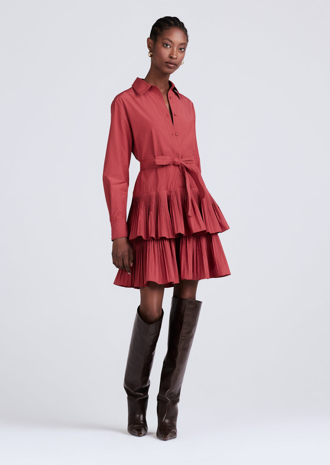 Derek Lam 10 Crosby - Sterling Long Sleeve Pleated Mini Dress in Rhubarb