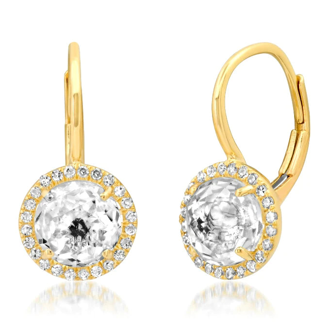 Samira 13 - Round Topaz Diamond Halo Drop Earrings in 14K Yellow Gold Jewelry
